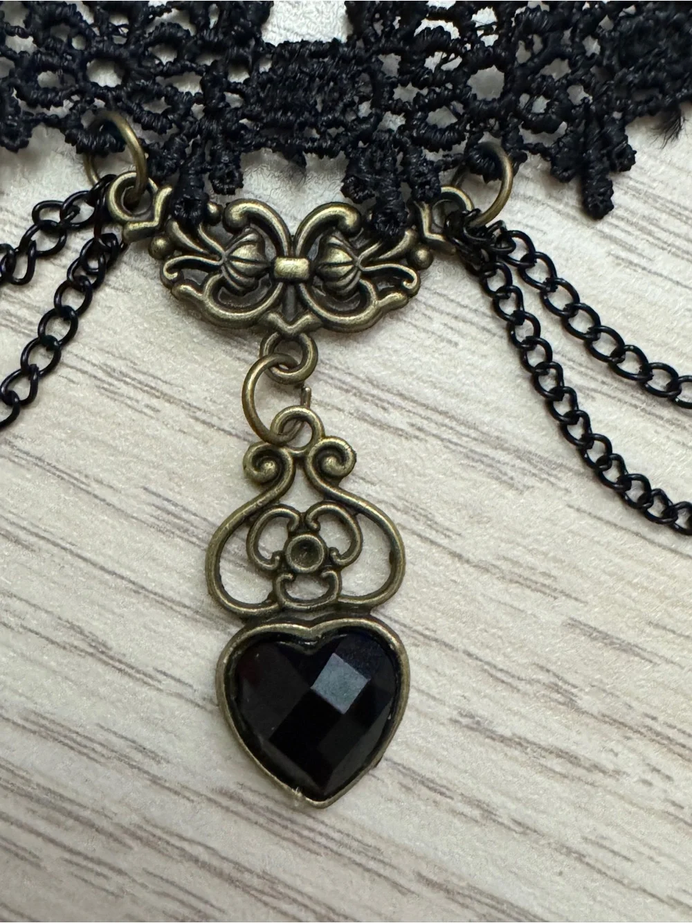 Black Floral Lace Choker Necklace with Heart Pendant